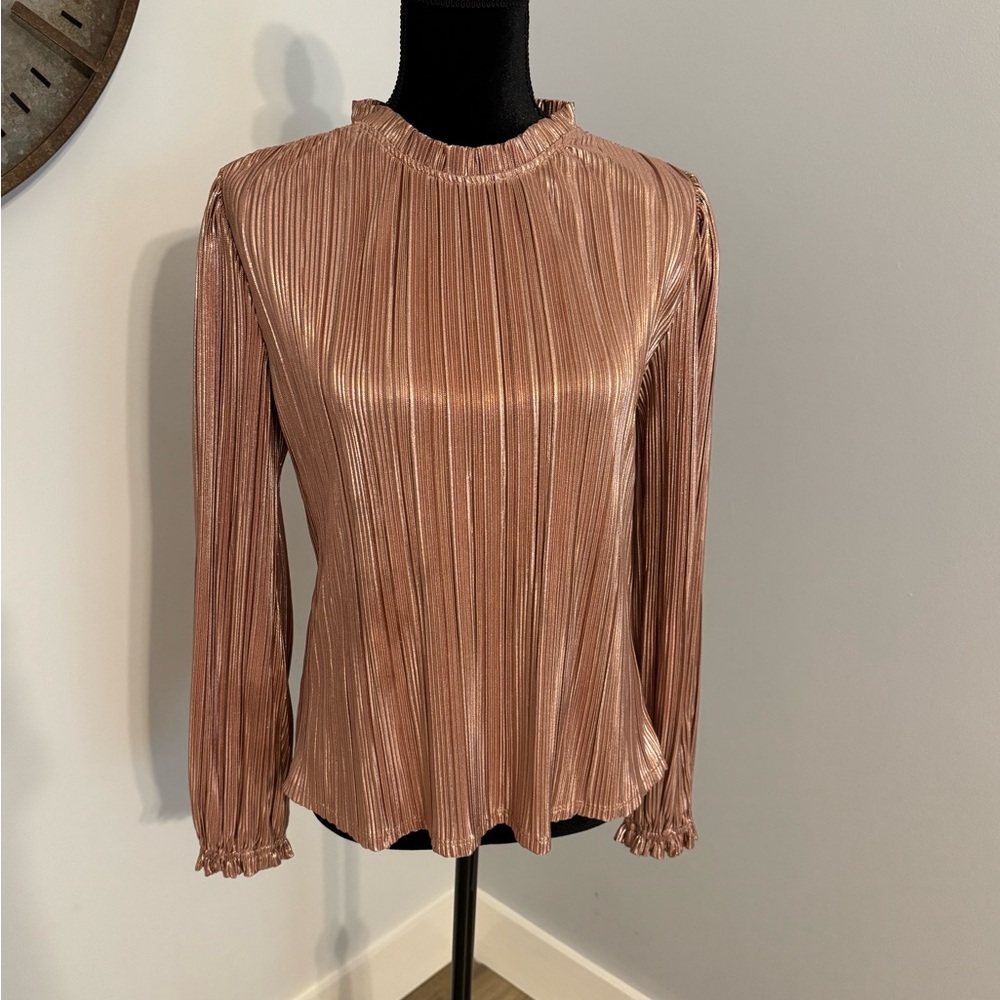 Aqua Pink and Brown Pleated Long Sleeve Blouse